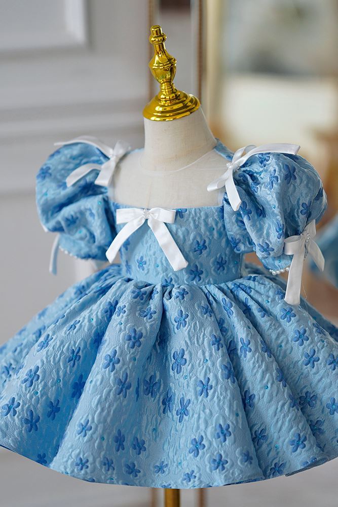 Prinzessin Quadratisch Wadenlang Satin Blumenmädchenkleider in Blau