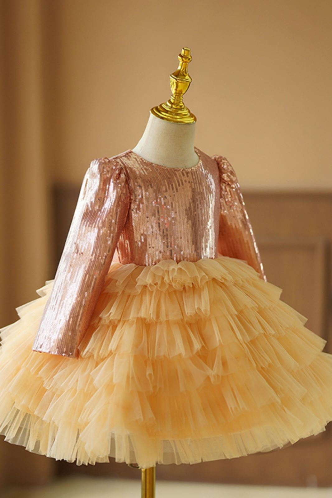 Prinzessin Runden Wadenlang Tüll Blumenmädchenkleider in Gold