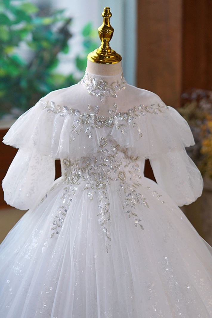 Prinzessin Stehkragen Bodenlang Tüll Blumenmädchenkleider in Weiß