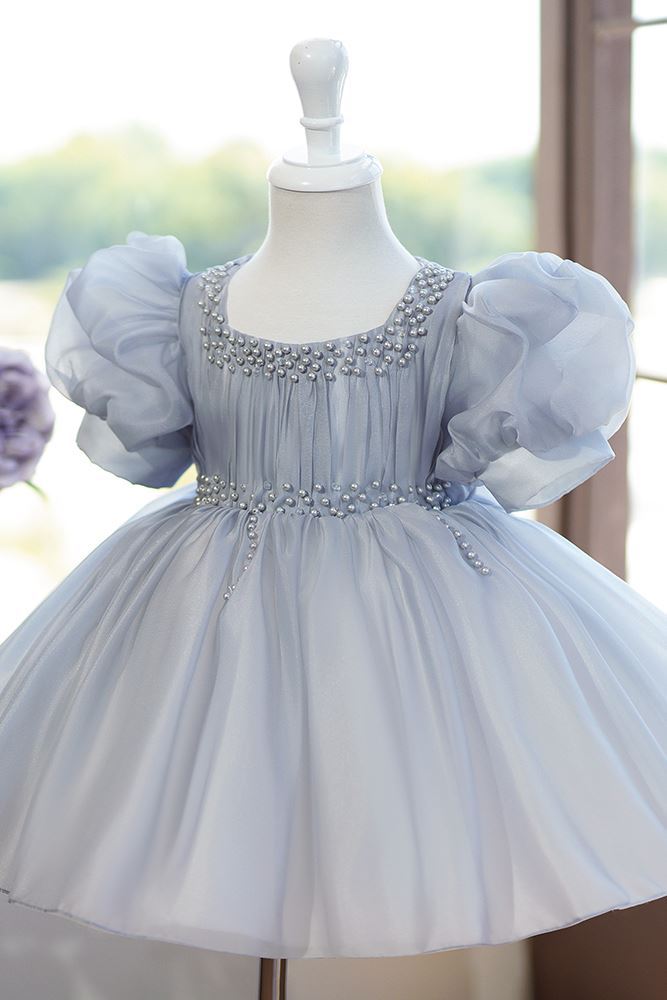 Prinzessin Juwelenhals Wadenlang Organza Blumenmädchenkleider in Grau