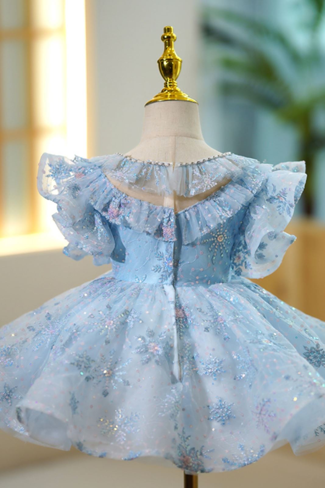 Prinzessin Runden Wadenlang Pailletten Blumenmädchenkleider in Blau