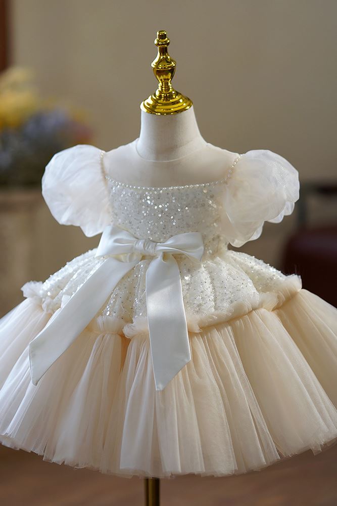 Prinzessin Wadenlang Tüll Blumenmädchenkleider Champagner