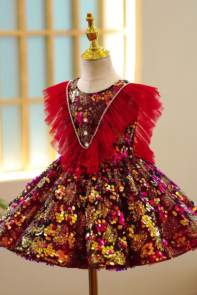 A-Linie Runden Wadenlang Pailletten Blumenmädchenkleider Rot