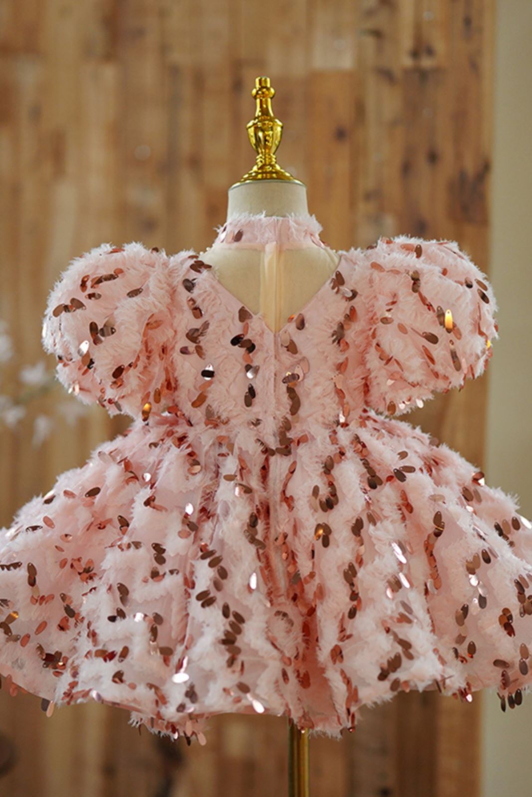 Prinzessin Wadenlang Pailletten Blumenmädchenkleider in Rosa