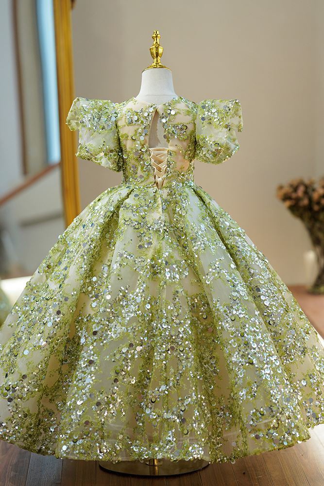 Prinzessin Runden Bodenlang Pailletten Blumenmädchenkleider Salbeigrün