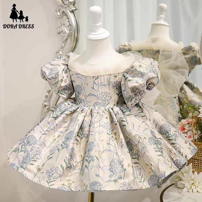 Prinzessin Runden Wadenlang Satin Blumenmädchenkleider in Staubigblau