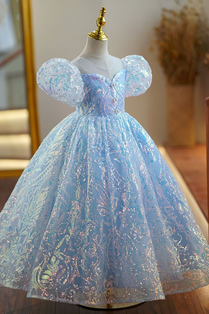 Prinzessin Runden Bodenlang Pailletten Blumenmädchenkleider in Blau