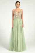 Beaded Floral A-Line Maxi Dress with Plunge Neck and Open Back