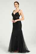 Schwarzes V-Ausschnitt Meerjungfrau Tüll Maxikleid mit Pailletten
