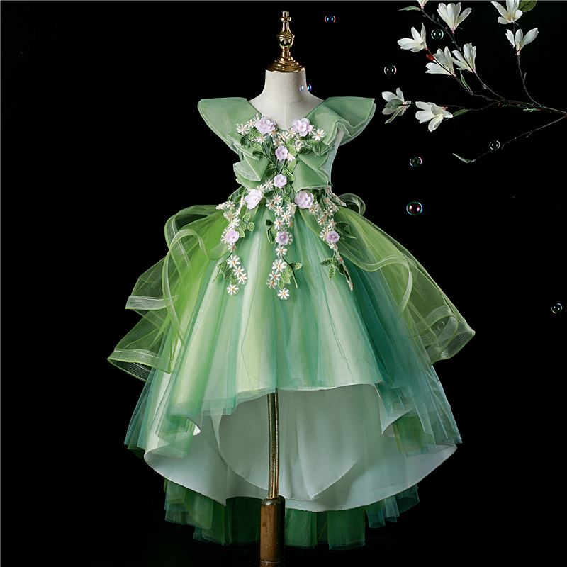 Prinzessin V Ausschnitt Bodenlang Tüll Blumenmädchenkleider in Grün