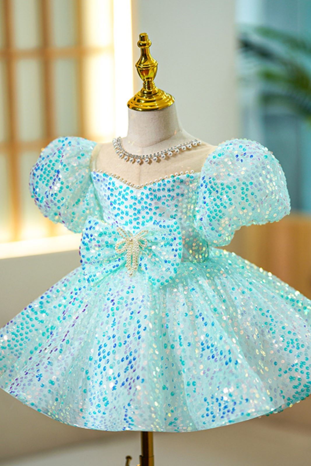 Prinzessin Wadenlang Pailletten Blumenmädchenkleider in Minzgrün