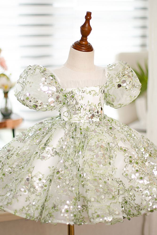 Prinzessin Runden Wadenlang Pailletten Blumenmädchenkleider in Grün