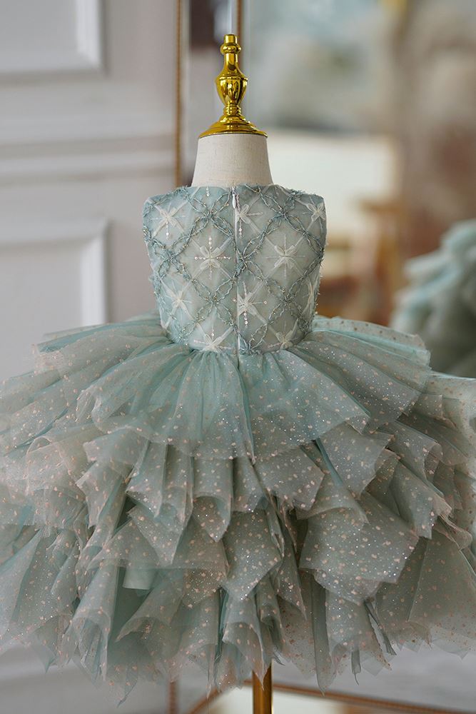 Runden Wadenlang Tüll Blumenmädchenkleider in Grün