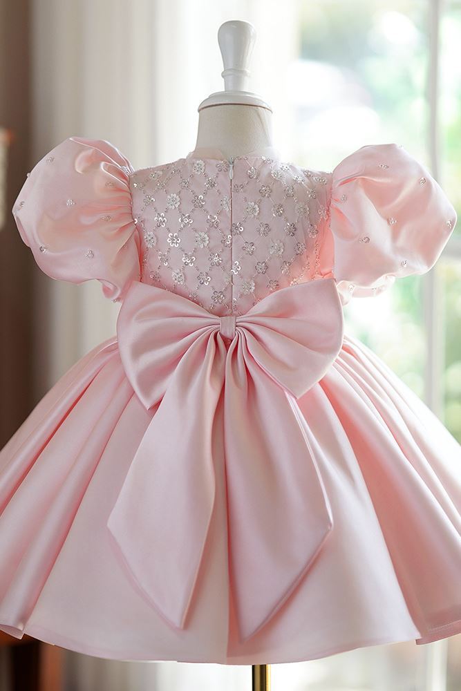 Prinzessin Runden Wadenlang Satin Blumenmädchenkleider in Rosa