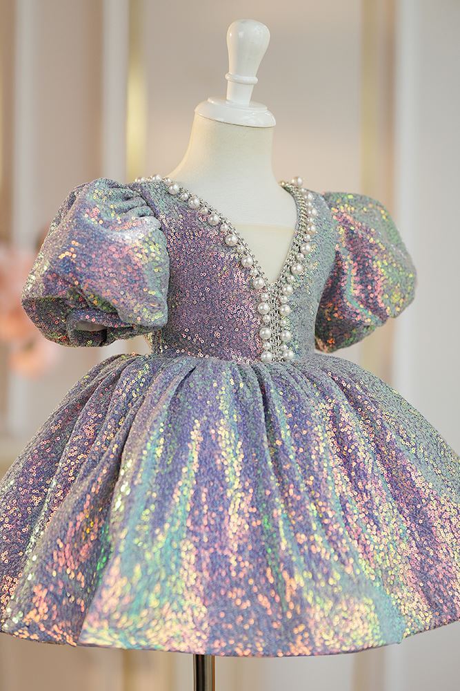 Prinzessin Wadenlang Pailletten Blumenmädchenkleider in Rosa