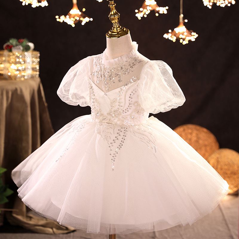 Prinzessin Runden Wadenlang Tüll Blumenmädchenkleider in Weiß