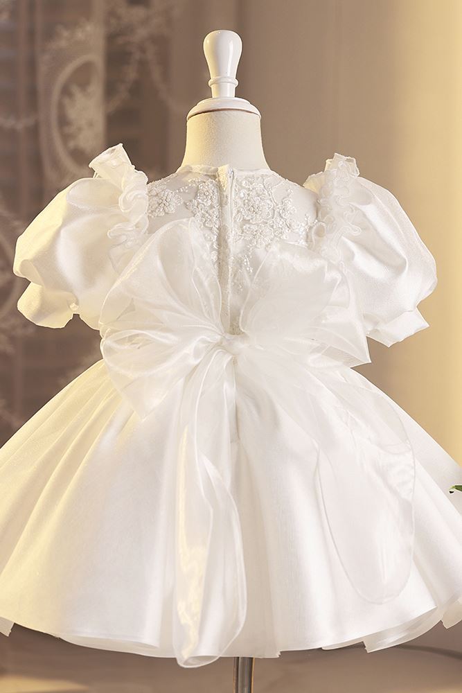 Prinzessin Runden Wadenlang Satin Blumenmädchenkleider in Weiß