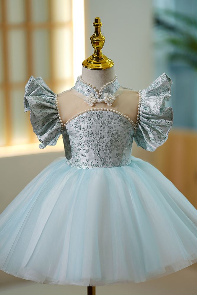 Prinzessin Juwelenhals Wadenlang Satin Blumenmädchenkleider in Blau