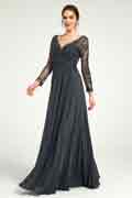 Charcoal Embroidered Long Sleeve Mother of the Bride Dress