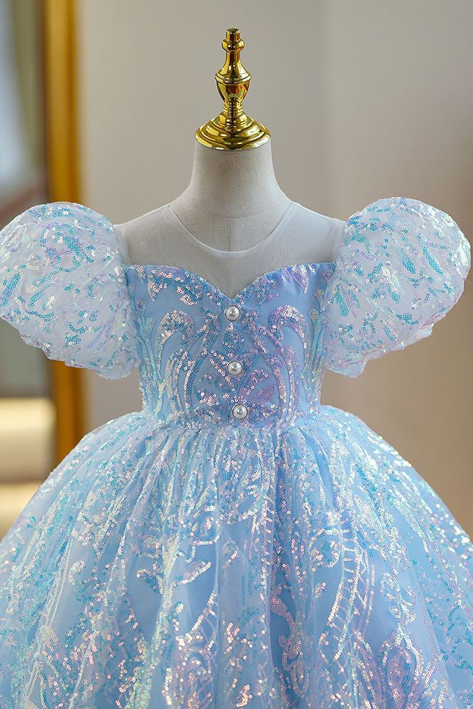 Prinzessin Runden Bodenlang Pailletten Blumenmädchenkleider in Blau