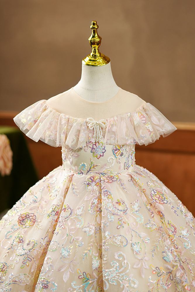 Prinzessin Bodenlang Pailletten Blumenmädchenkleider in Champagner