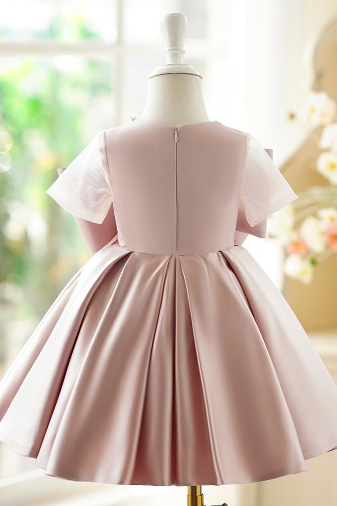 Prinzessin Juwelenhals Wadenlang Satin Blumenmädchenkleider in Rosa