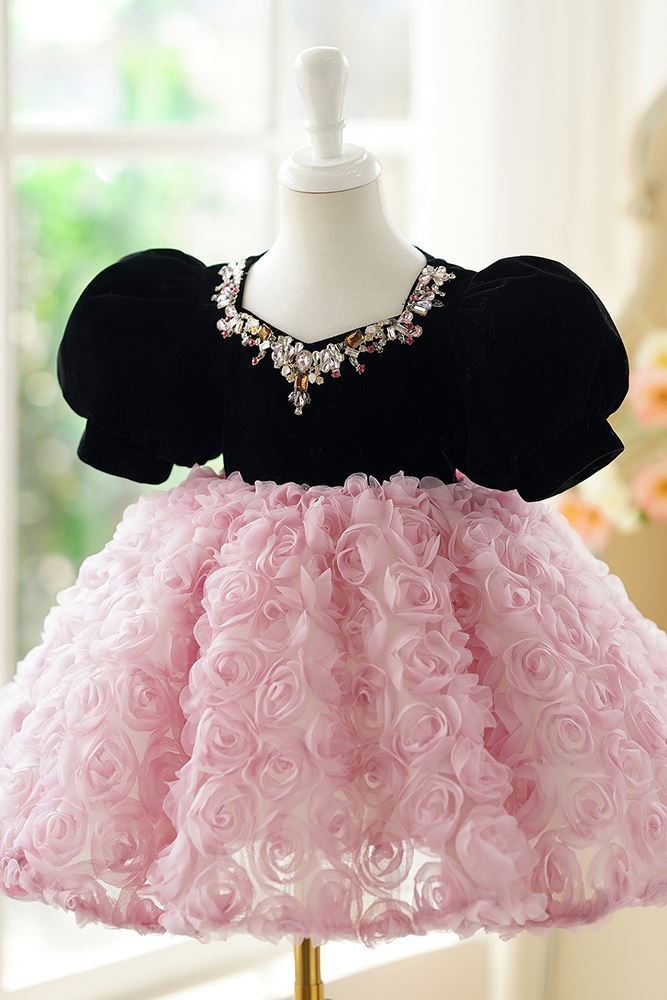 Prinzessin Juwelenhals Wadenlang Spitze Blumenmädchenkleider in Rosa