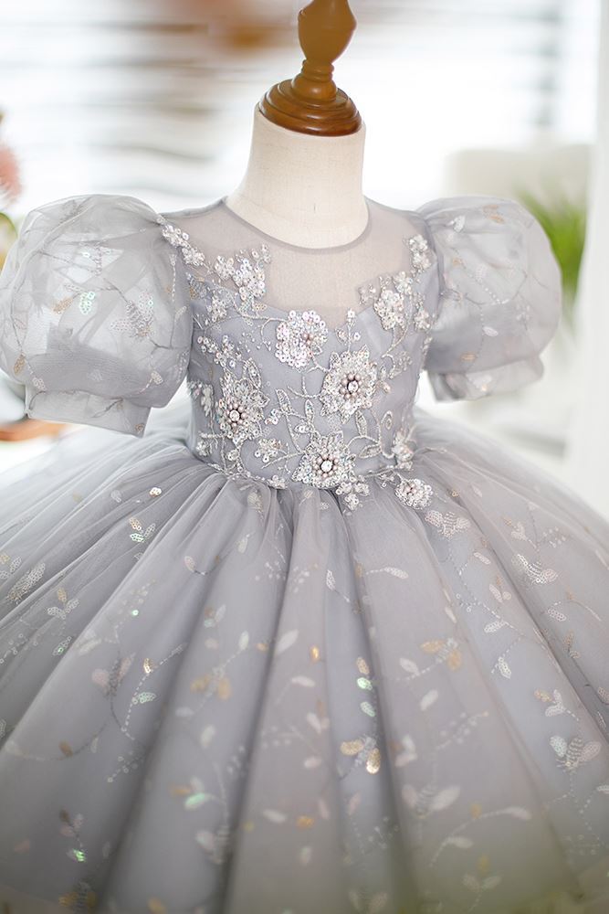 Prinzessin Runden Wadenlang Pailletten Blumenmädchenkleider in Grau