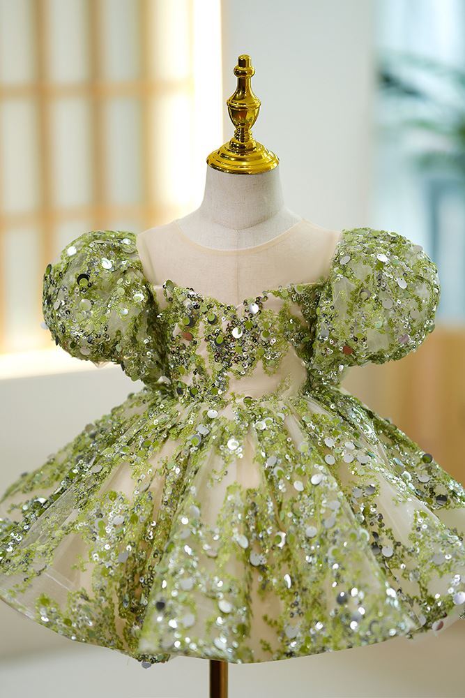 Prinzessin Wadenlang Pailletten Blumenmädchenkleider Grün