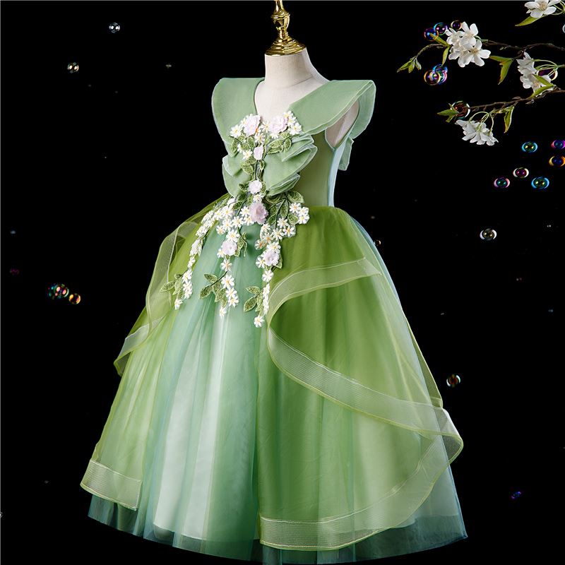 Prinzessin V Ausschnitt Bodenlang Tüll Blumenmädchenkleider in Grün