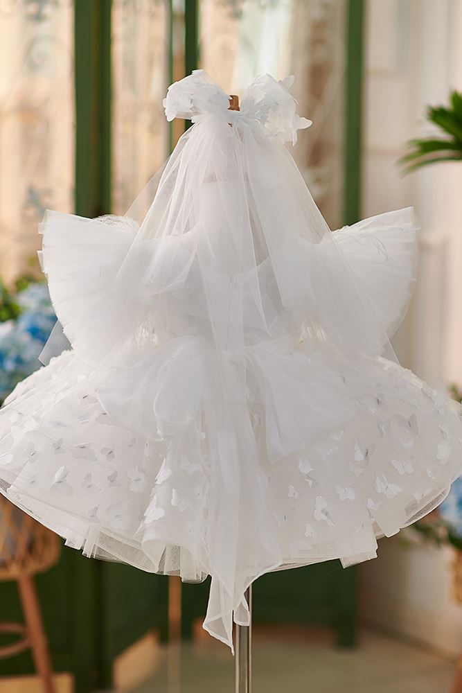 Prinzessin Scoop Wadenlang Spitze Blumenmädchenkleider in Weiß