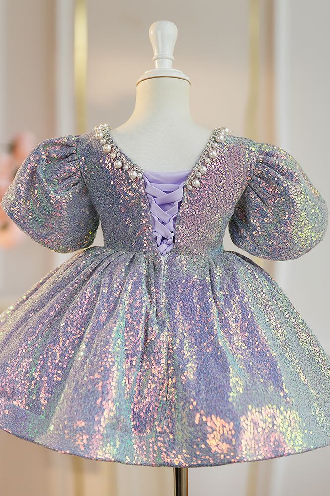 Prinzessin Wadenlang Pailletten Blumenmädchenkleider in Rosa