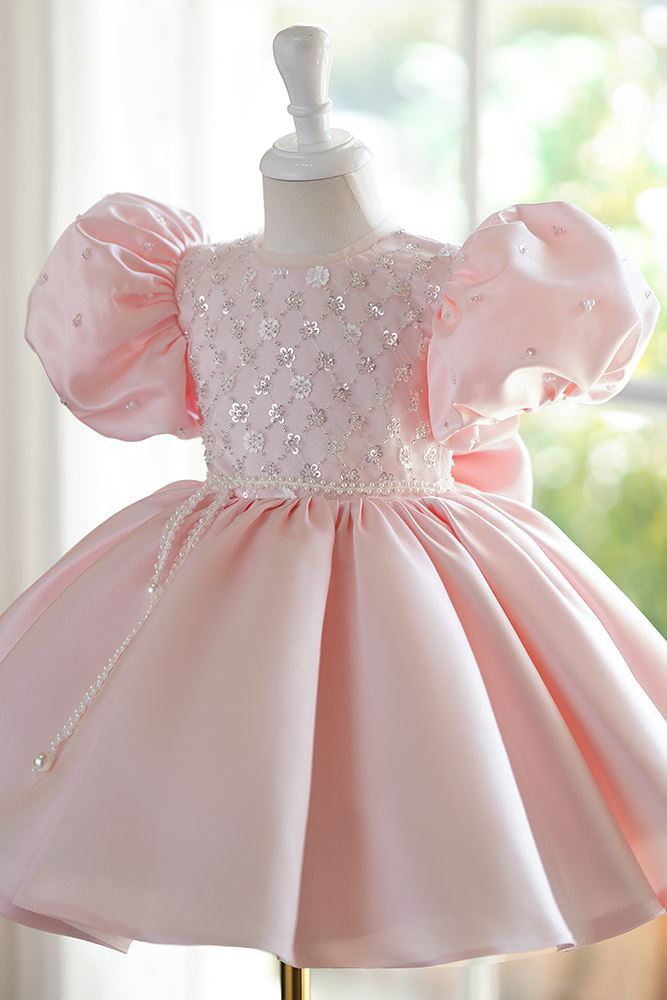 Prinzessin Runden Wadenlang Satin Blumenmädchenkleider in Rosa