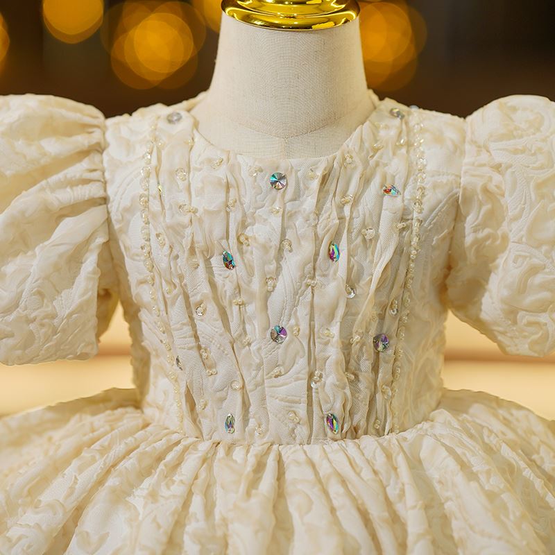 Prinzessin Runden Wadenlang Satin Blumenmädchenkleider in Champagner