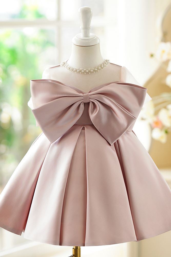 Prinzessin Juwelenhals Wadenlang Satin Blumenmädchenkleider in Rosa