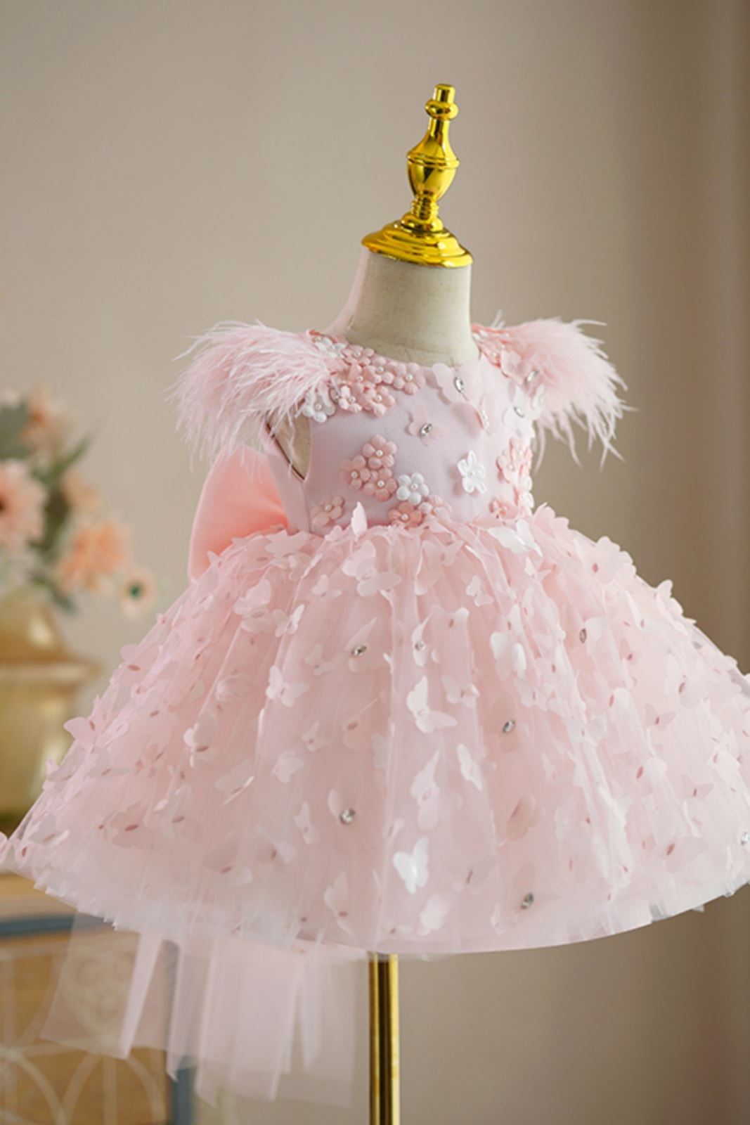 Prinzessin Runden Wadenlang Tüll Blumenmädchenkleider in Rosa