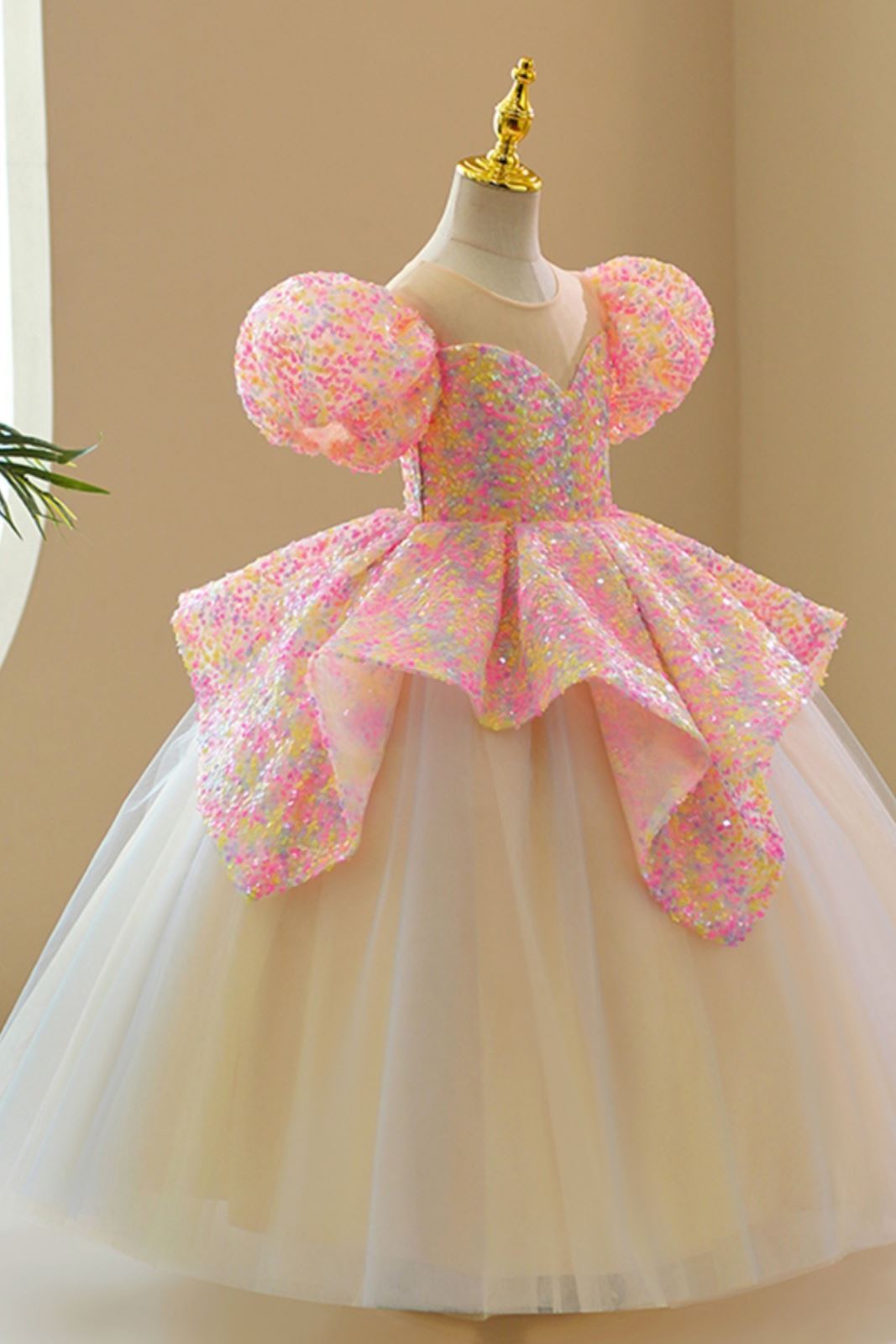 Prinzessin Runden Bodenlang Pailletten Blumenmädchenkleider in Rosa