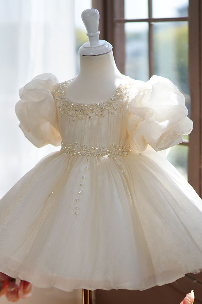 Prinzessin Wadenlang Organza Blumenmädchenkleider in Champagner