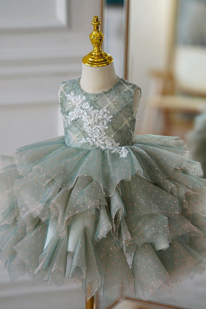 Runden Wadenlang Tüll Blumenmädchenkleider in Grün