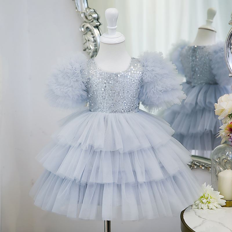 Princesse Longueur à Jambe Tulle robes de demoiselle d'honneur - fillette in Bleu et Gris
