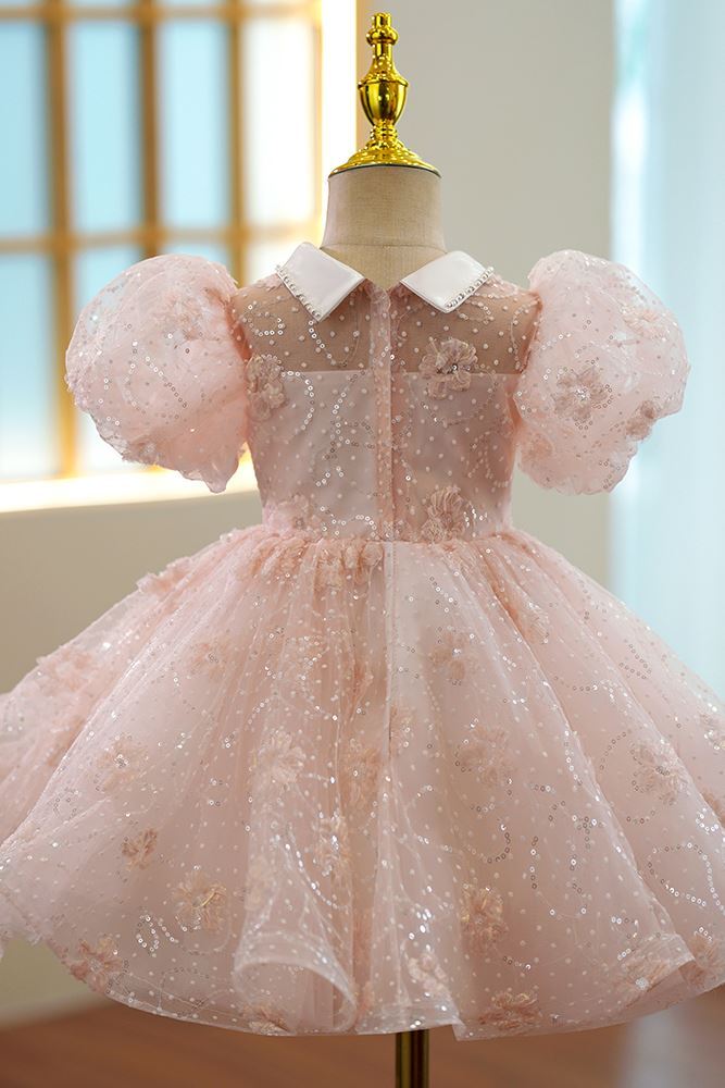 Prinzessin Kragenhals Wadenlang Organza Blumenmädchenkleider in Rosa