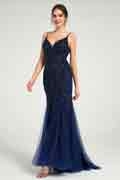 Beaded Spaghetti Strap Tulle Trumpet Gown with Sweep Train