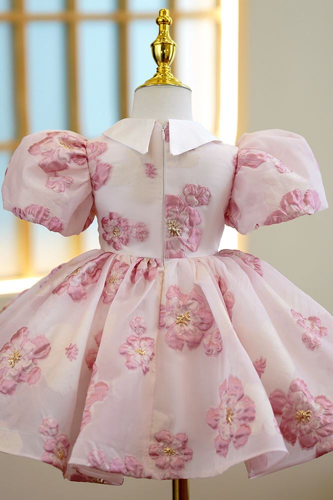 Prinzessin Kragenhals Wadenlang Organza Blumenmädchenkleider Rosa