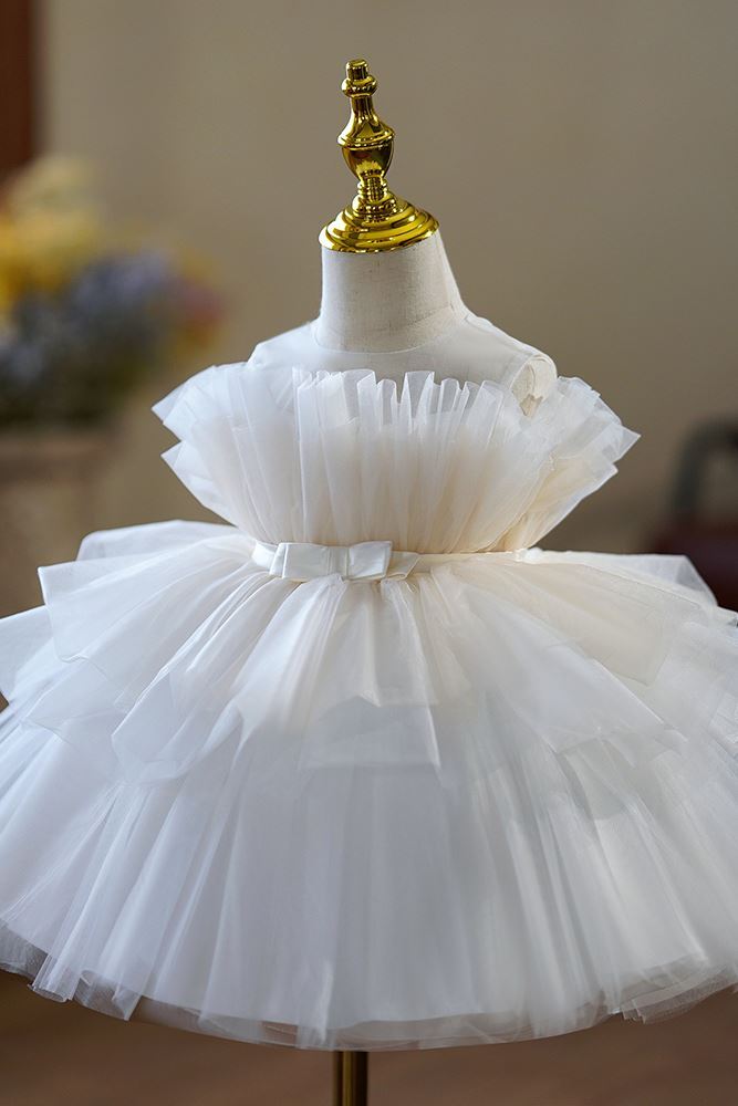 Prinzessin Runden Wadenlang Tüll Blumenmädchenkleider Weiß