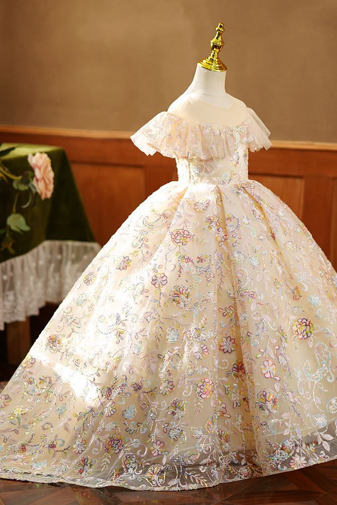 Prinzessin Bodenlang Pailletten Blumenmädchenkleider in Champagner