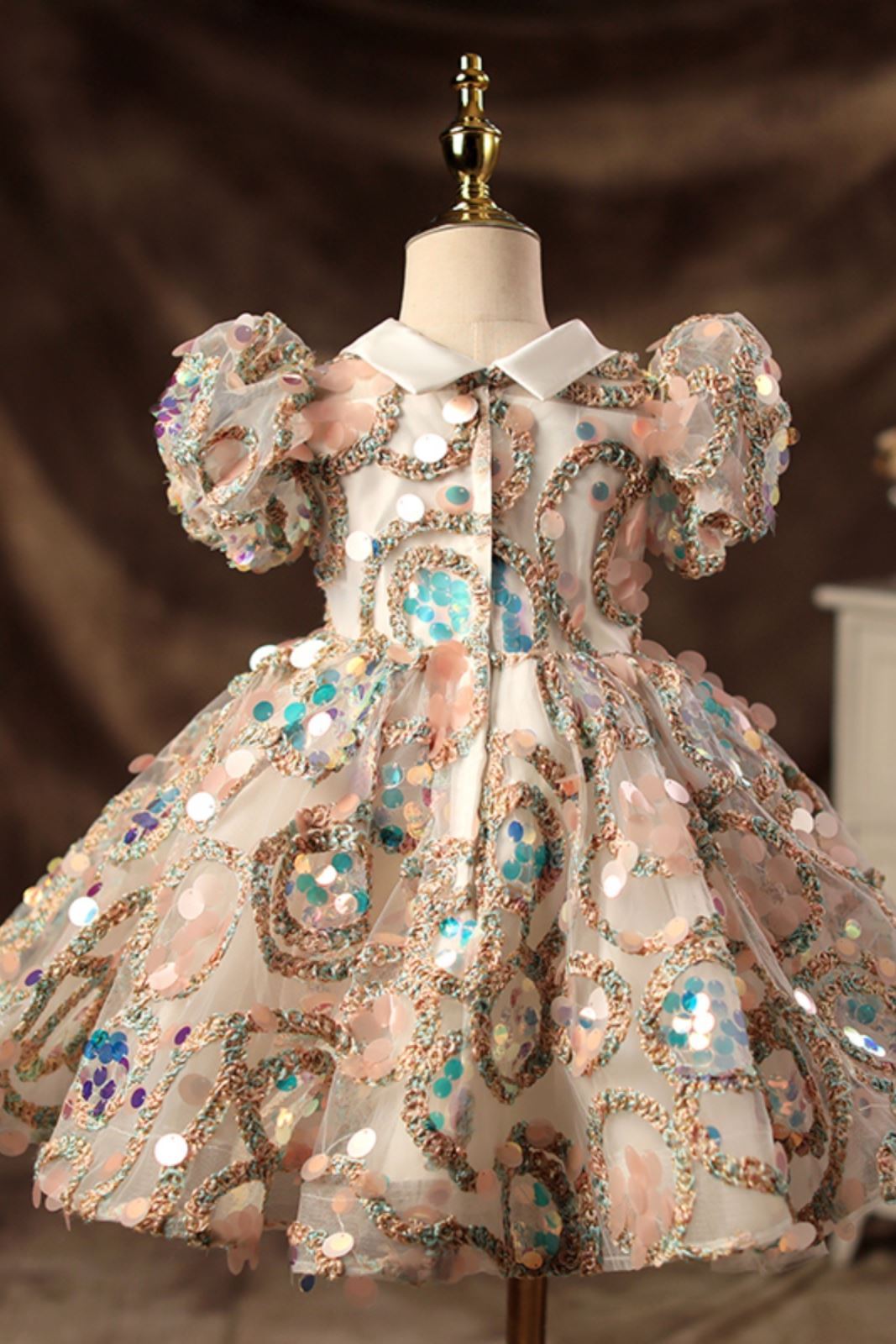 Princess Collared Neck Tea Length Sequined Flower Girl Dress colorful