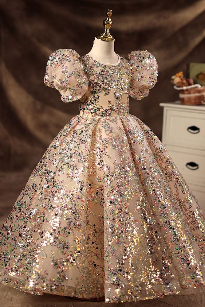 Prinzessin Runden Bodenlang Pailletten Blumenmädchenkleider Champagner