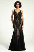Full-Length Mermaid Nude Illusion Black Lace Sequin Formal Gown