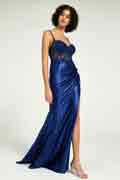 Navy Satin Gown with Sweetheart Neckline Strappy Back and High Slit