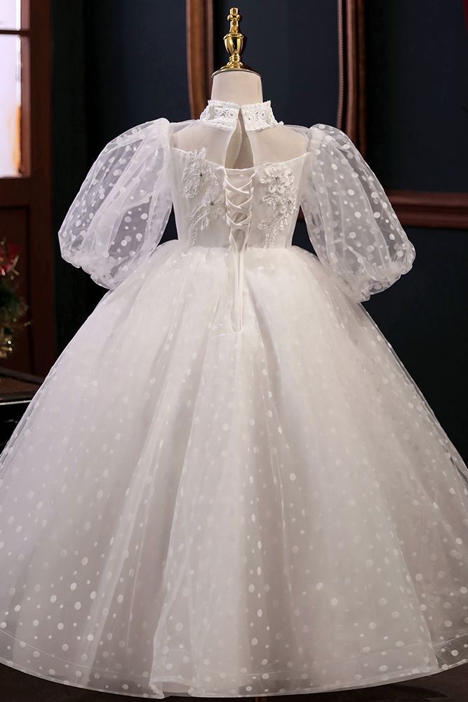 Prinzessin Stehkragen Bodenlang Tüll Blumenmädchenkleider in Weiß